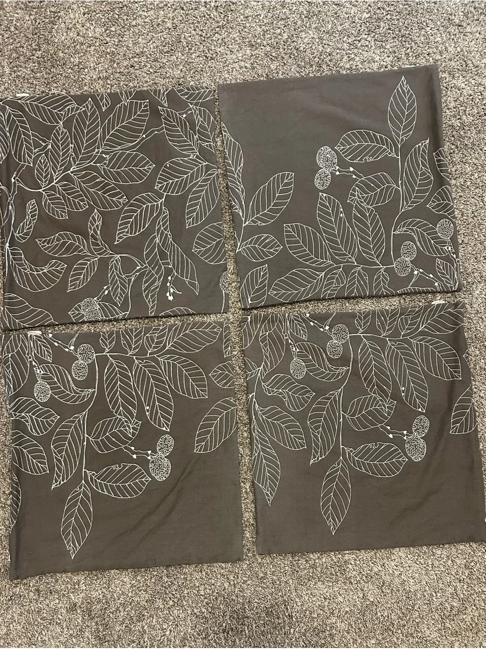 Set of 4 Gray Decorative Pillow Covers with White Leaf Print